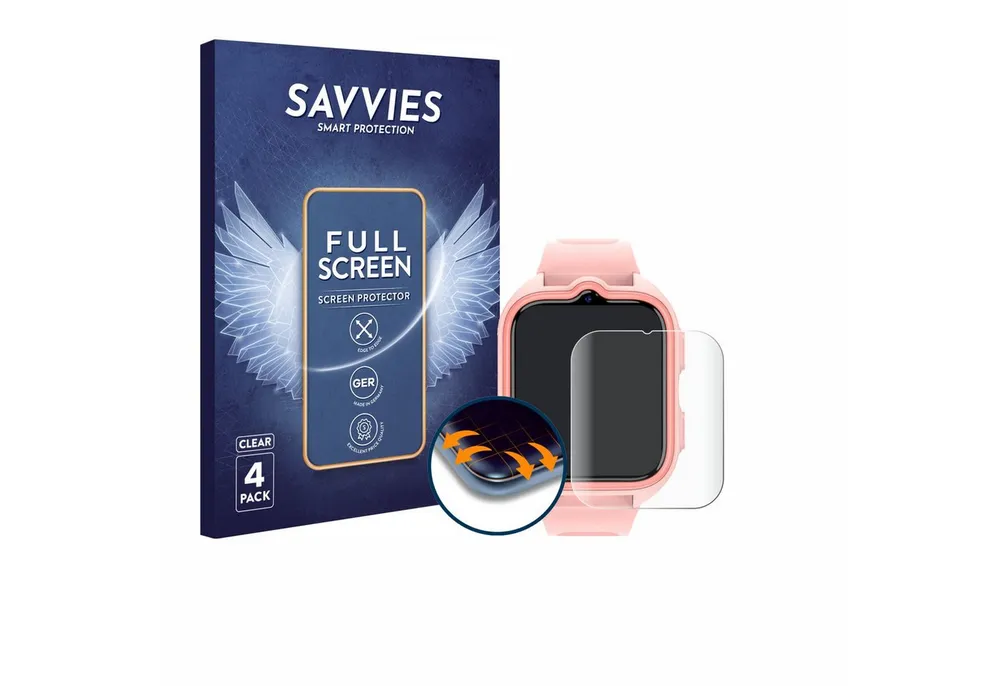 Savvies Displayschutzfolie Fullscreen Schutzfolie für Blackview Z30 Kids Smartwatch, 4 Stück, Displayschutz Folie Fullcover Klar Transparent