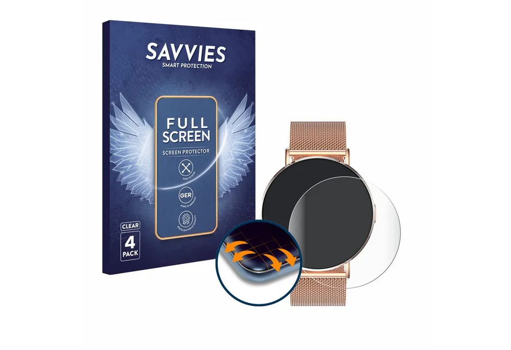 Savvies Displayschutzfolie Fullscreen Schutzfolie für Levowatch Eve 1.3", 4 Stück, Displayschutz Folie Fullcover Klar Transparent