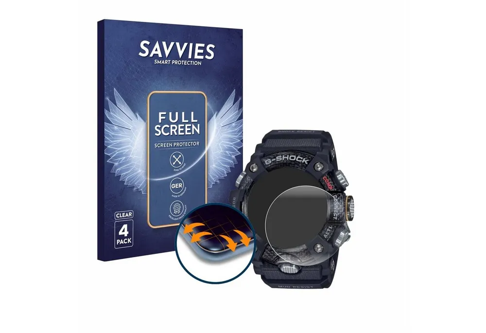 Savvies Displayschutzfolie Fullscreen Schutzfolie für Casio G-Shock Mudmaster GG-B100-1AER, 4 Stück, Displayschutz Folie Fullcover Klar Transparent