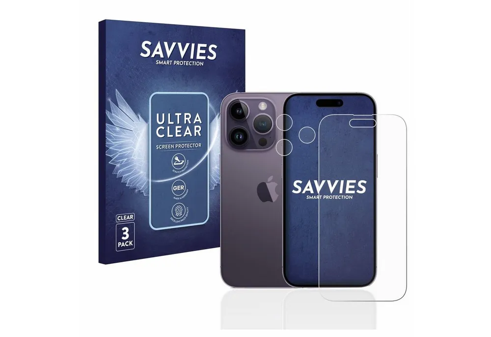 Savvies Displayschutzfolie Schutzfolie für Apple iPhone 14 Pro (Display+Kamera), 6 Stück, Displayschutz Schutz Folie Klar Transparent