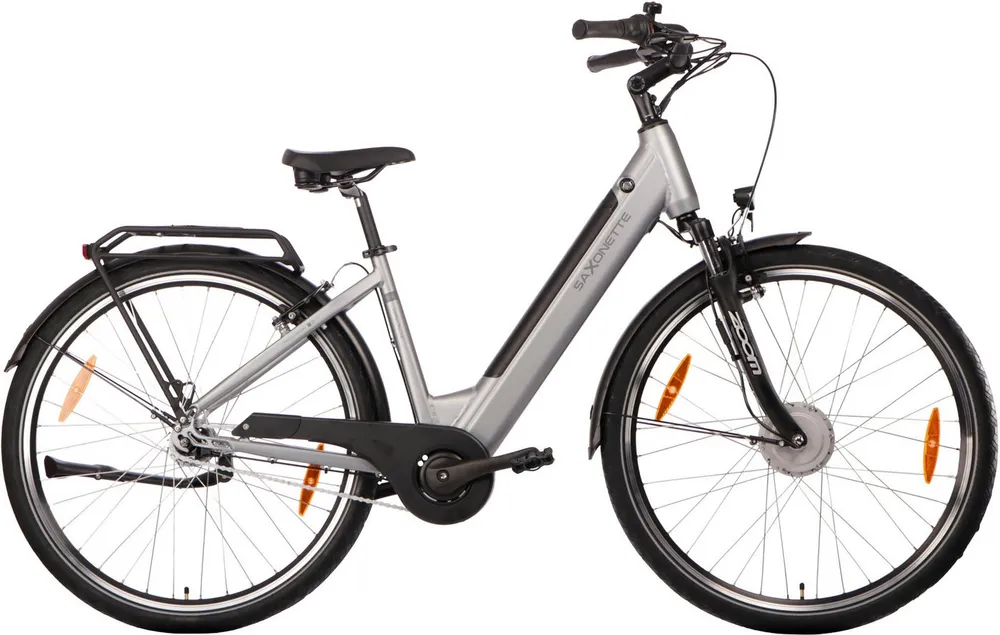 SAXONETTE E-Bike Cityrad SAXONETTE Comfort Plus 5.0 E-Bike Damen 28 Zoll, 7 Gang Shimano Nexus 7 Gänge Schaltwerk, Nabenschaltung, Frontmotor, 468 Wh, (Packung), (mit integr. Akku), Elektrofahrrad für Alltag und Einkauf