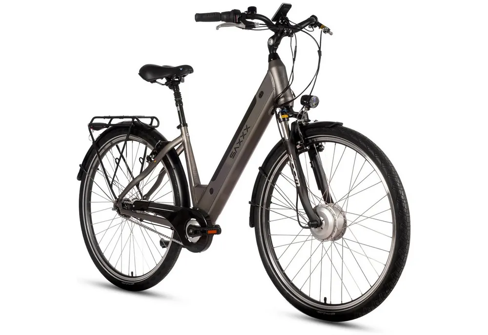 SAXXX E-Bike Cityrad 28'' für Damen Herren, Classic, 418Wh, 100km, Federsattelstütze, 7 Gang SHIMANO NEXUS Schaltwerk, Nabenschaltung, Frontmotor, 418 Wh, (V-Bremse, Lockout-Federgabel, 5 Stufen), Pedelec, E-Citybike mit Tiefeinstieg, RH: 45 cm, bis 130kg