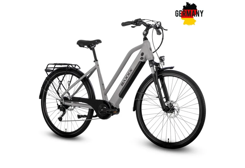 SAXXX E-Bike Cityrad 28 Zoll, 70 Nm Mittelmotor, DST, max. 100km, 95 % vormontiert, 9 Gang SHIMANO Alivio Schaltwerk, Kettenschaltung, Mittelmotor, 418 Wh, (Pedelec mit Tiefeinsteiger, bis zu 130kg, Trapez-Rahmen), Hydr. Scheibenbremse, RH: 45/50cm, Elektrofahrrad für Damen und Herren