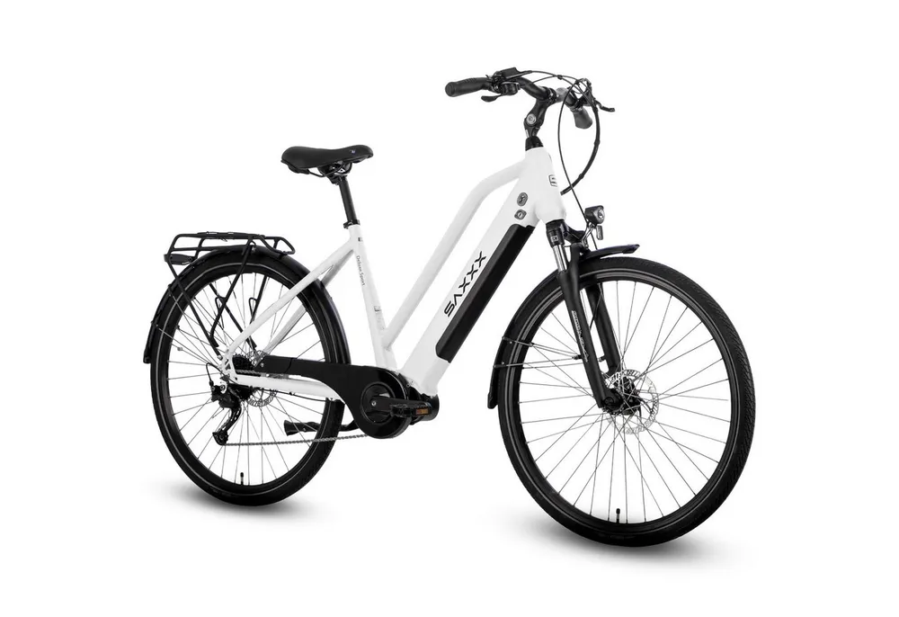 SAXXX E-Bike Cityrad 28 Zoll, 70Nm Mittelmotor, 100km, bis 130kg belastbar, 95% vormontiert, 9 Gang SHIMANO Alivio Schaltwerk, Kettenschaltung, Mittelmotor, 418 Wh, (Für Alltag, Arbeitsweg und längere Fahrten auf wechselnden Strecken), Aluminium-Trapezrahmen, hydr. Scheibenbremsen, RH: 45/50 cm
