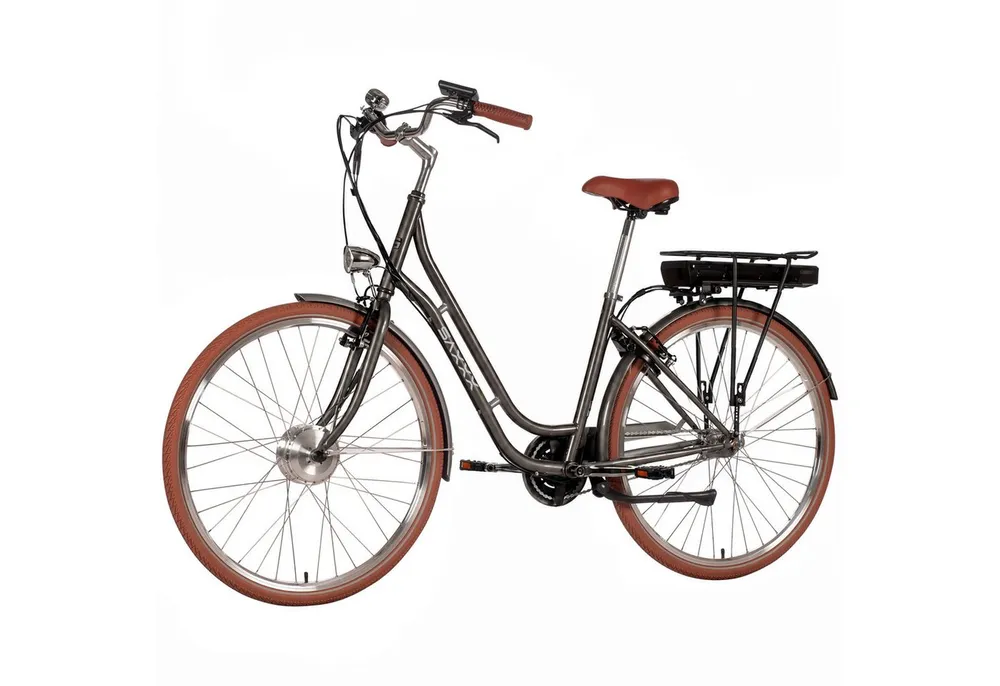 SAXXX E-Bike Cityrad 28 Zoll, bis zu 90km, Elektrofahrrad mit Tiefeinstieg, RH: 45 cm, 3 Gang Shimano Nexus Schaltwerk, Nabenschaltung, Frontmotor, 374 Wh, (V-Bremse, Trekkingrad, mit Gepäckträger, max. 130kg), 95% vormontiert, Pedelec, E-Citybike, Elektrofahrrad für Damen Herren