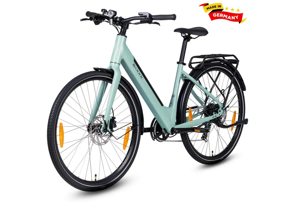 SAXXX E-Bike Cityrad 28 Zoll, Elektrofahrrad bis zu 90km, E-Cityrad, nur 21,5kg, RH: 45cm, 7 Gang Shimano, Kettenschaltung, Heckmotor, 417,6 Wh, Tiefeinsteiger, Farb-LCD, Ananda Hinterradmotor, Tektro hydr. Bremsen