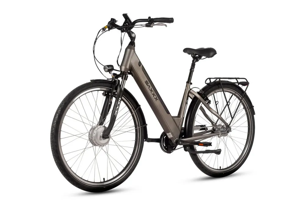 SAXXX E-Bike Cityrad 28 Zoll, max.90km, Federsattelstütze, Federgabel mit Lockout, V-Bremse, 7 Gang Shimano NEXUS Schaltwerk, Nabenschaltung, Frontmotor, 418 Wh, 5 Stufen, max. 130 kg, Pedelec, Elektrofahrrad für Damen und Herren