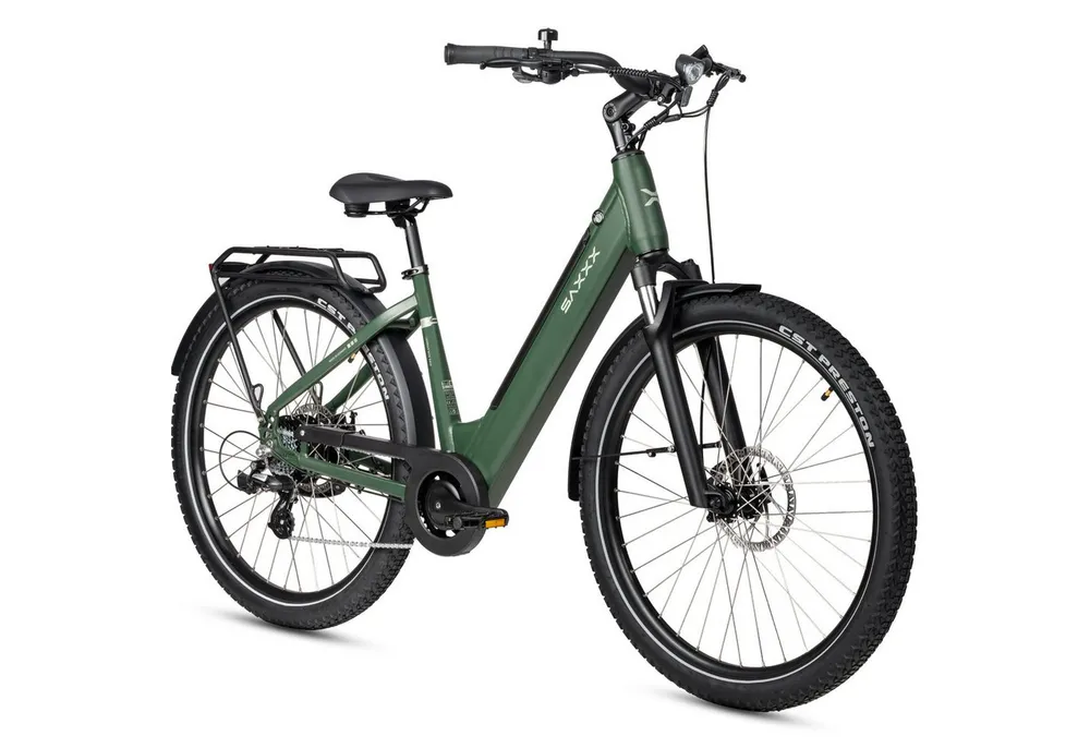 SAXXX E-Bike Cityrad Damen Herren 28x2,35", SAXXX SUV, 468 Wh, 120 km, 95 % vormontiert, 7 Gang SHIMANO Altus Schaltwerk, Kettenschaltung, Hinterradmotor, 468 Wh, (mit Tiefeinstieg, mit Gepacktrager, abnehmbarer Akku), 250W Heckmotor, Pedelec E-Citybike, Elektrofahrrad mit 45cm Rahmenhöhe