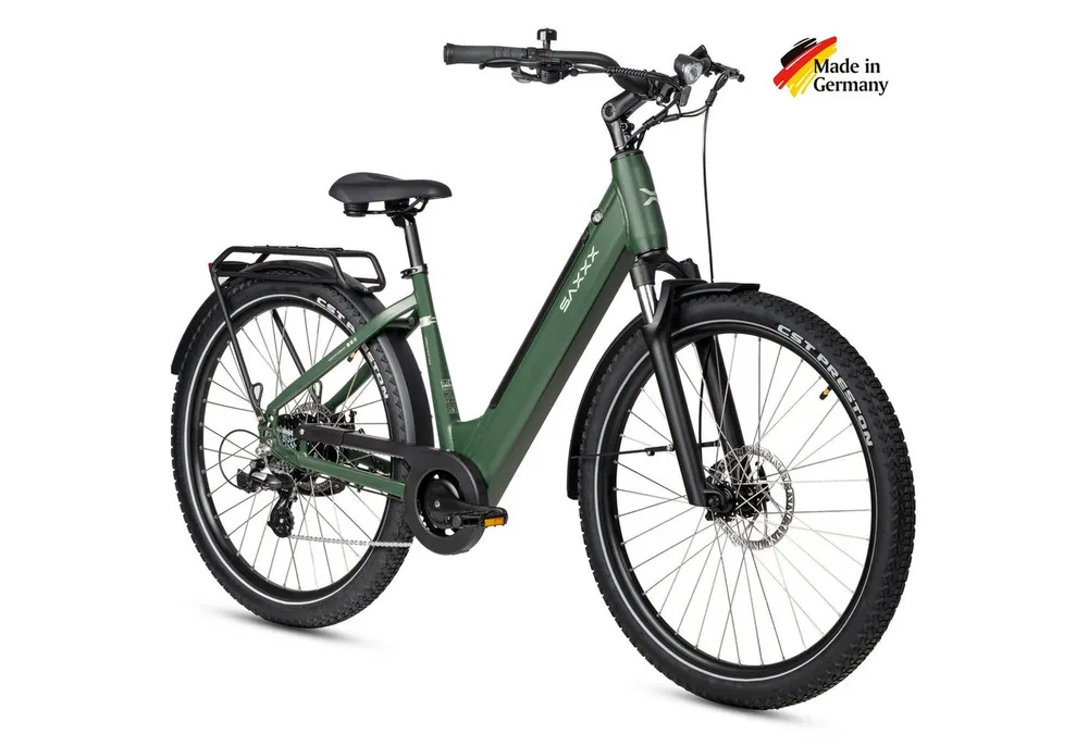 SAXXX E-Bike Cityrad Damen und Herren 28x2,35", SAXXX SUV, 468Wh, 120 km, 95 % vormontiert, 7 Gang SHIMANO Altus Schaltwerk, Kettenschaltung, Hinterradmotor, 468 Wh, (mit Tiefeinstieg, mit Gepäckträger, abnehmbarer Akku), 250W Heckmotor, Pedelec E-Citybike, Elektrofahrrad mit 45cm Rahmenhöhe