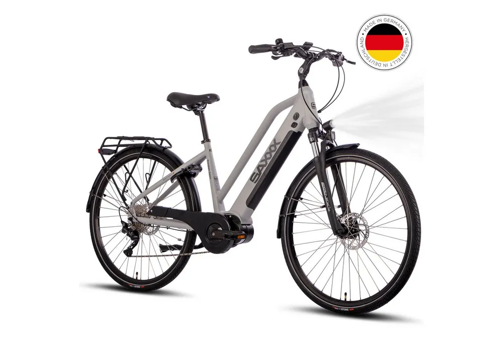 SAXXX E-Bike Trekkingrad 28 Zoll Elektrofahrrad für Alltag und Touren, 10 Gang SHIMANO Deore Schaltwerk, Kettenschaltung, Mittelmotor, 522 Wh, (mit abnehmbarem Akku mit Schloss vormontiert zu 95), Komfortabel fahren mit starkem Akku und LED-Licht