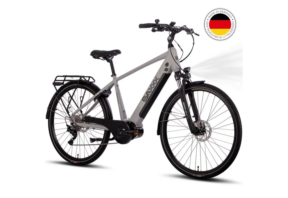 SAXXX E-Bike Trekkingrad 28 Zoll Pedelec mit Mittelmotor und 90 Nm, 10 Gang SHIMANO Deore Schaltwerk, Mittelmotor, 522 Wh, (mit abnehmbarem Akku mit Rahmenschloss zu 95 % vormontiert), Bis 110 km Reichweite, hydraulische Scheibenbremsen