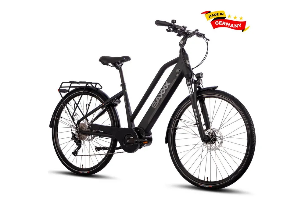 SAXXX E-Bike Trekkingrad 28x2'' für Damen u. Herren, SAXXX PST, 522Wh, 60-100km, 130kg, 10 Gang SHIMANO Deore Schaltwerk, Kettenschaltung, Mittelmotor, 522 Wh, (mit abnehmbarem Akku, mit Schloss, vormontiert zu 95), 25km/h, Pedelec, E-Cityrad, hydr. Scheibenbremsen