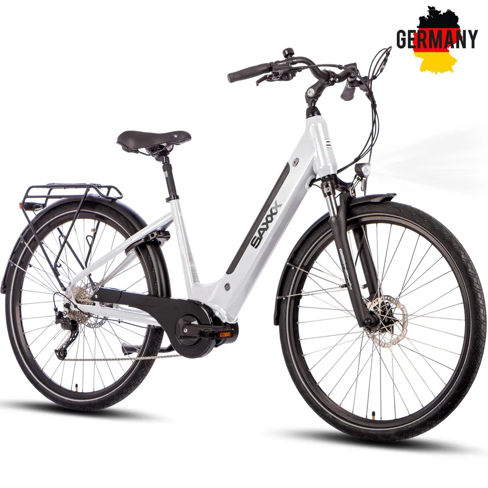 SAXXX E-Bike Trekkingrad Damen u. Herren 28'' SAXXX DSW, 418Wh, 250W Mittelmotor, max. 100km, 9 Gang Shimano Alivio Schaltwerk, Kettenschaltung, Mittelmotor, 418 Wh, (mit Akku-Schlüssel, mit Akku-Ladegerät, mit Rahmenschloss), Federgabel, Gepäckträger, hydraulische Scheibenbremsen, E-Trekkingrad