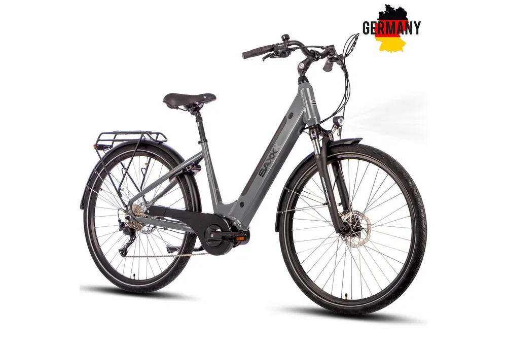 SAXXX E-Bike Trekkingrad Damen u. Herren 28'' SAXXX DSW, 418Wh, 250W Mittelmotor, max. 100km, 9 Gang Shimano Alivio Schaltwerk, Kettenschaltung, Mittelmotor, 418 Wh, (mit Akku-Schlüssel, mit Akku-Ladegerät, mit Rahmenschloss), Federgabel, Gepäckträger, hydraulische Scheibenbremsen, E-Trekkingrad