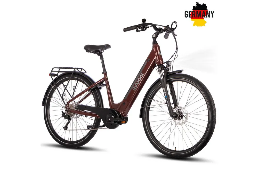 SAXXX E-Bike Trekkingrad Damen u. Herren 28'' SAXXX DSW, 418Wh, 250W Mittelmotor, max. 100km, 9 Gang Shimano Alivio Schaltwerk, Kettenschaltung, Mittelmotor, 418 Wh, (mit Akku-Schlüssel, mit Akku-Ladegerät, mit Rahmenschloss), Federgabel, Gepäckträger, hydraulische Scheibenbremsen, E-Trekkingrad