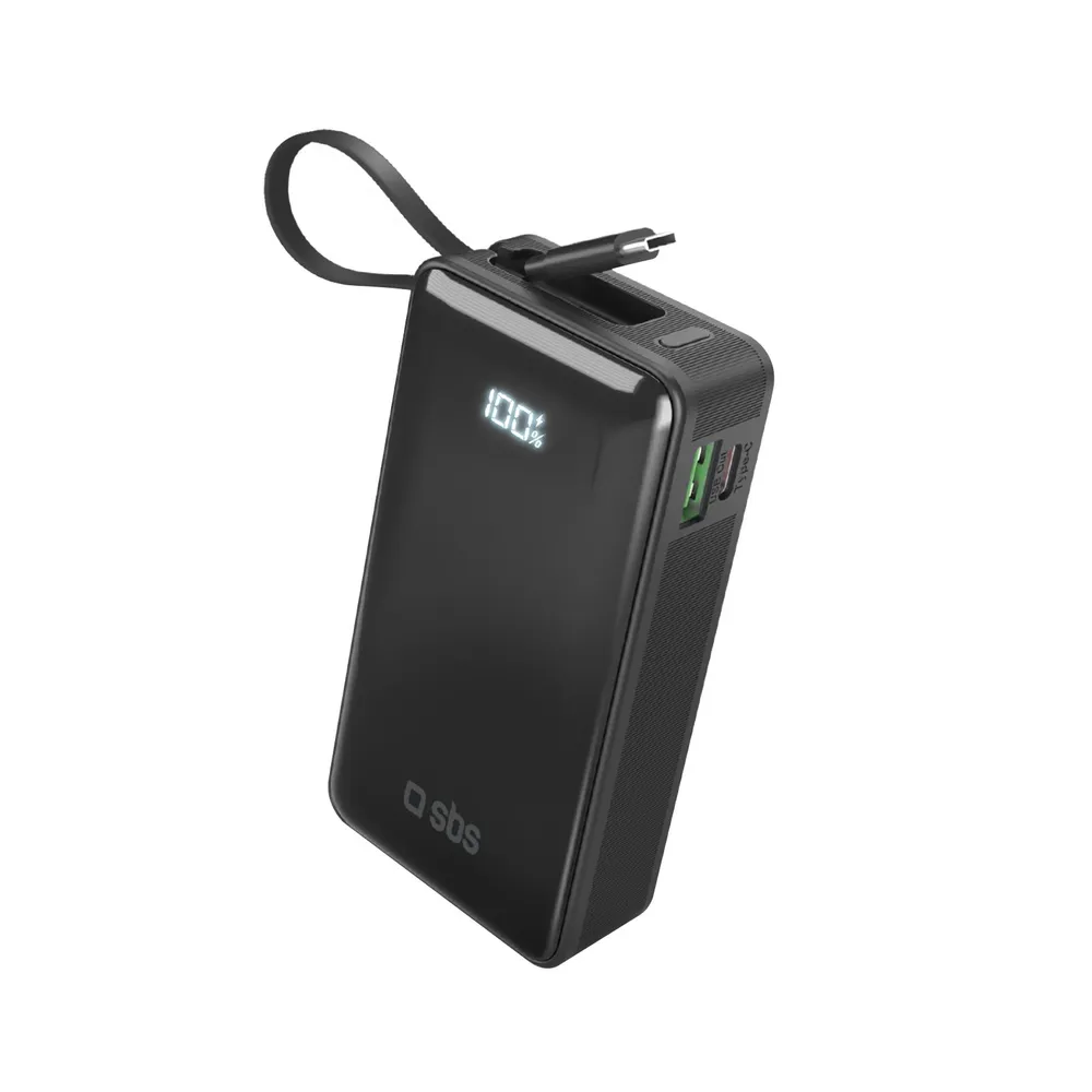 10.000 mAh-Powerbank mit integriertem USB-C Kabel, Schwarz