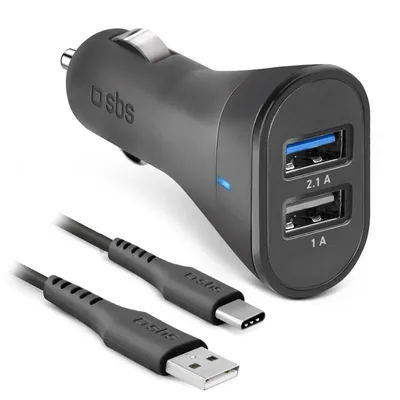 Autoladegerät mit USB-C-Kabel, USB-A, 10 W, 2,1 A, 1 m, Schwarz