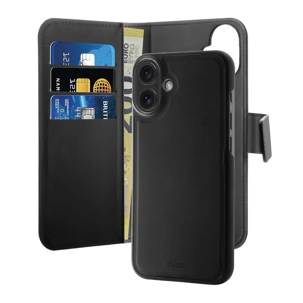 Detachable Wallet Case 2 in 1 for iPhone 16, Schwarz