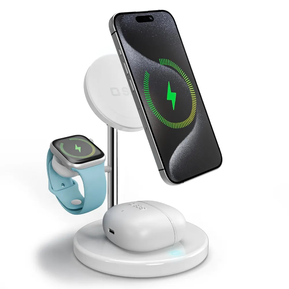 Kabellose Qi2 3x1-Ladestation für iPhone 16/15/14/13/12, Android, Apple Watch, Weiß