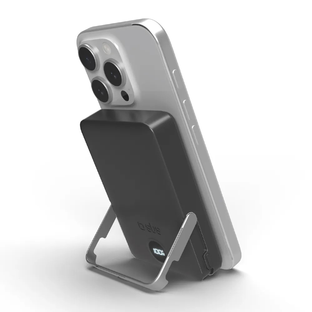 Powerbank mit 10.000 mAh, kabelloses Laden und integriertem Standfuß, Schwarz
