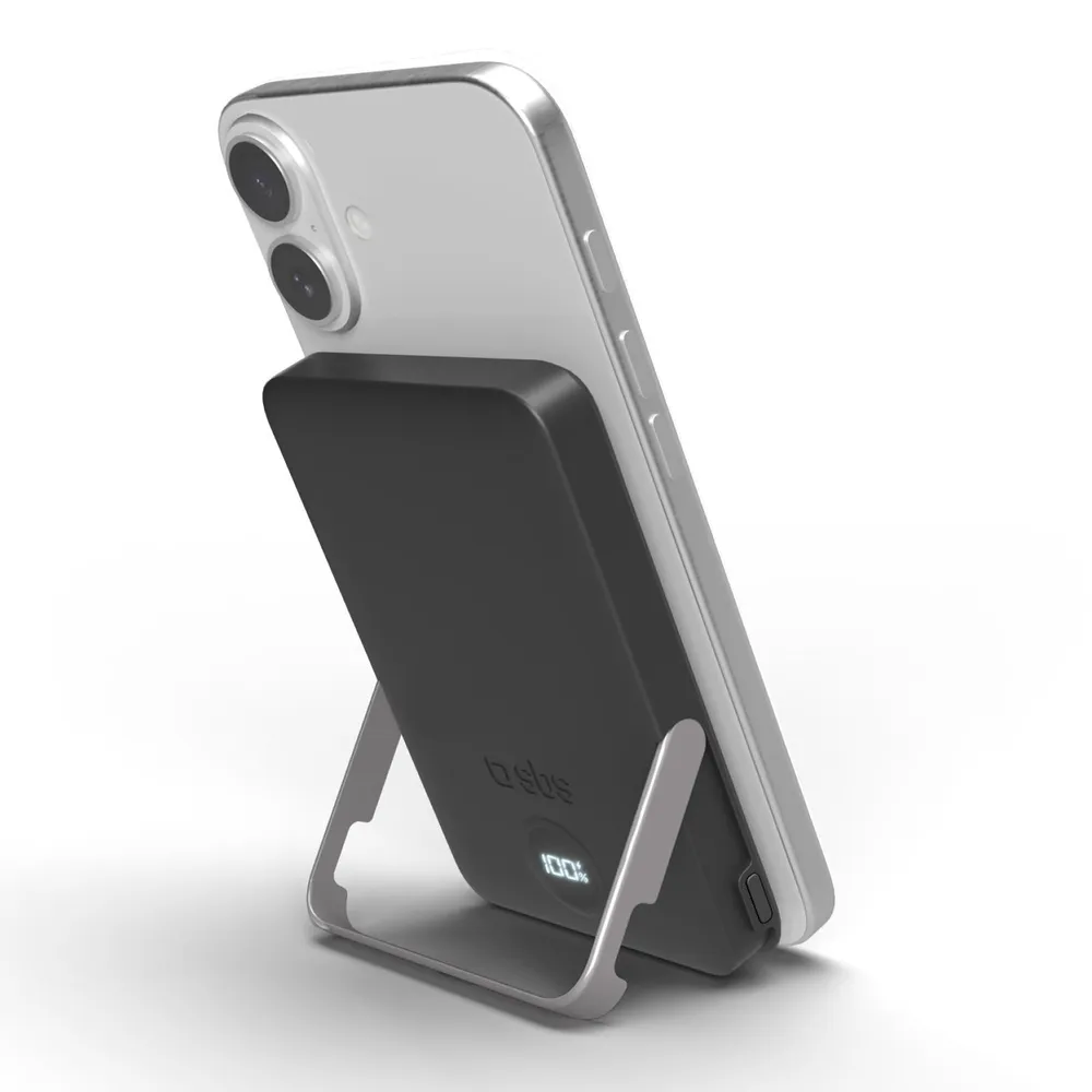 Powerbank mit 5.000 mAh, kabelloses Laden und integriertem Standfuß, Schwarz