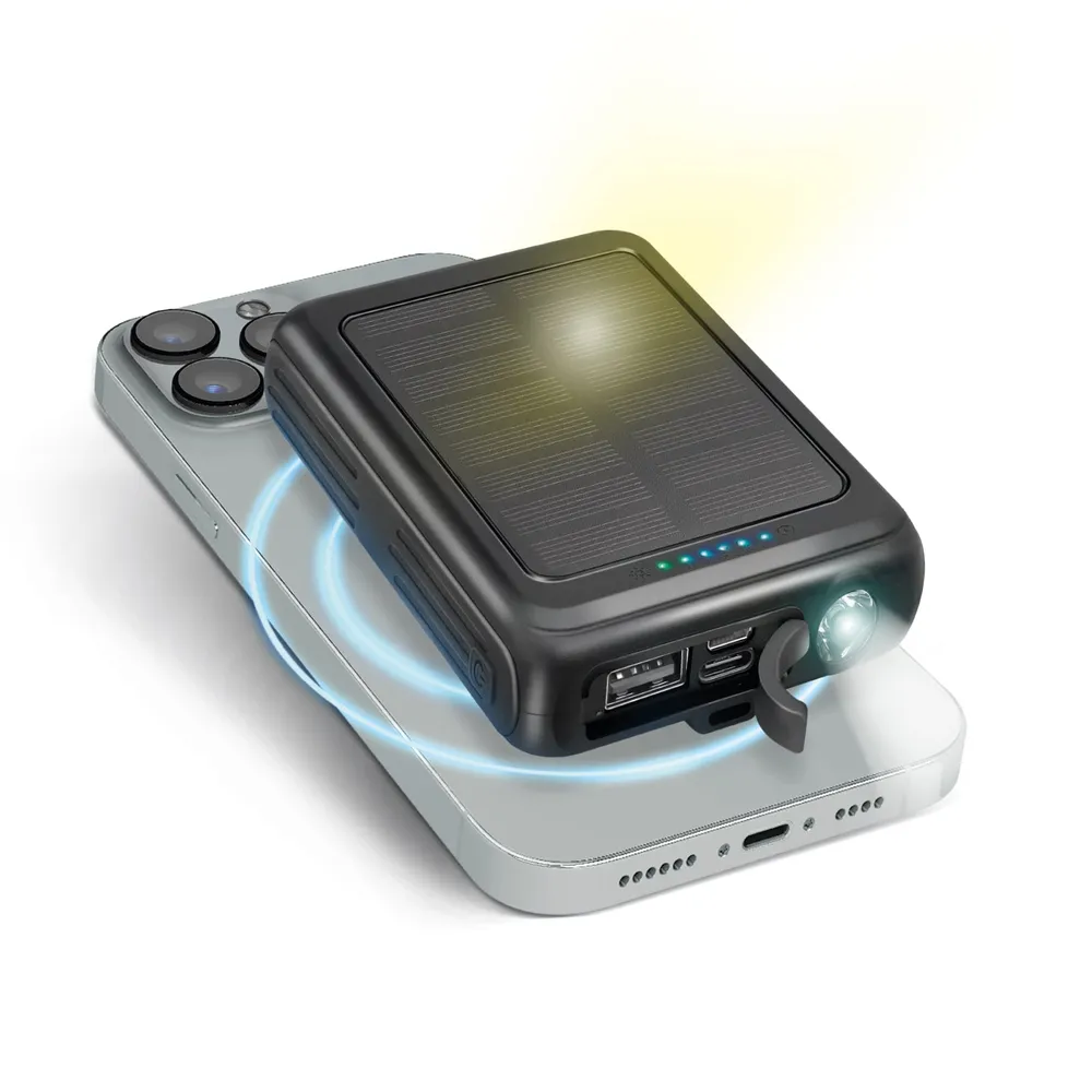 Solar-Powerbank 5000 mAh mit kabelloser Aufladung, Schwarz