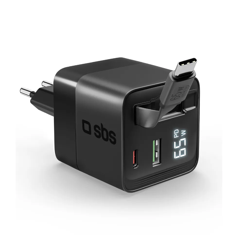 Wandladegerät GaN 65 W mit LCD-Bildschirm und integriertem USB-C-Kabel, Schwarz Ladegeräte