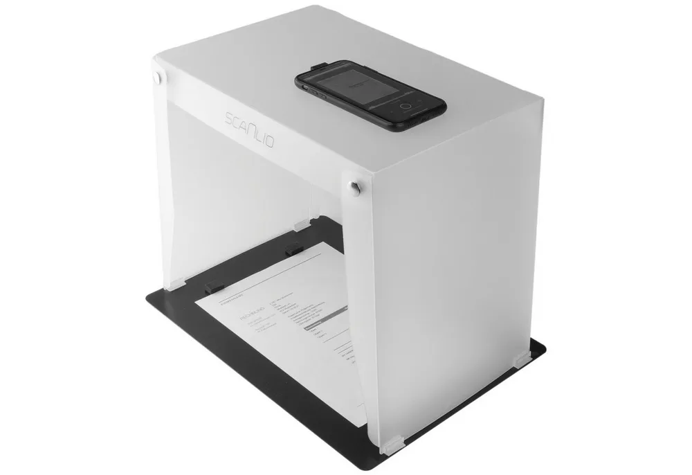 scanlio Handy-Halterung SCANLIO Pro Scanbox, Faltbare Handy Scanner Halterung, (mit Grundplatte, Abstandshalter, Anleitung, 1-tlg., Smartphone Scanbox)