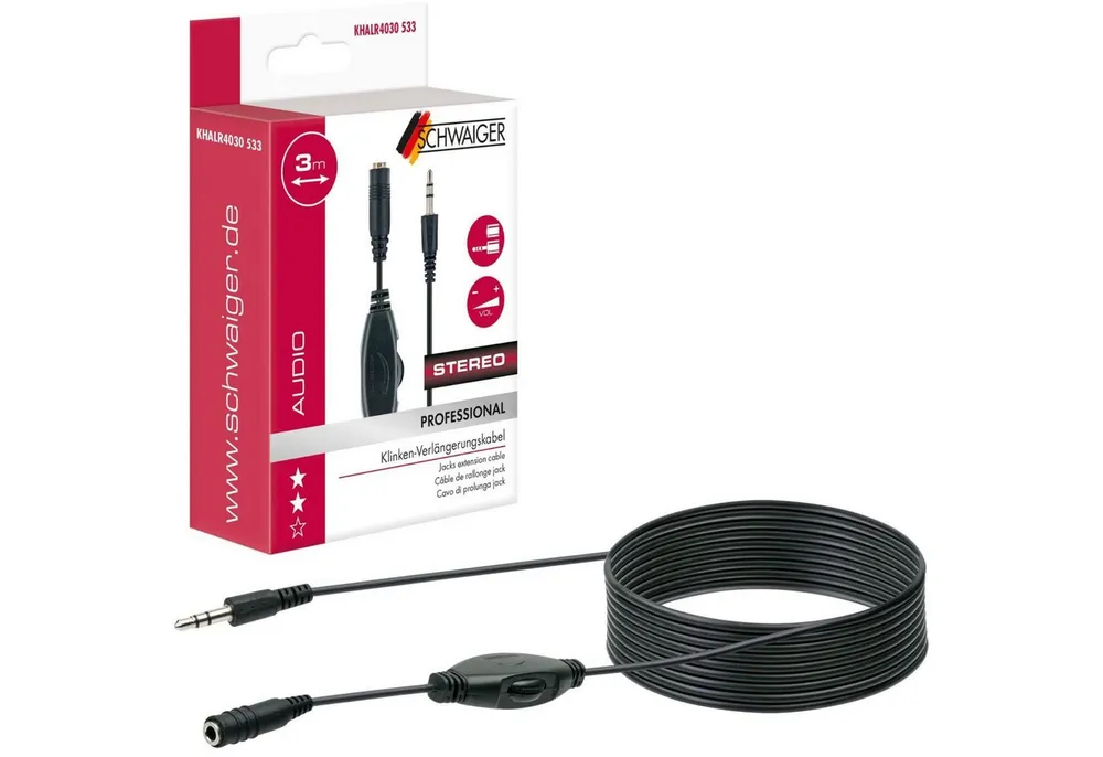 Schwaiger 3,5mm Klinken-Verlängerung 3m Lautstärkenregler Audio-Kabel, 3,5mm Klinke, 3,5mm Klinke (300 cm), Klinke Verlängerungskabel Fernbedienung TV Kopfhörer Klinke Stereo AUX