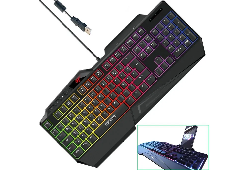 Schwaiger Gaming Keyboard Tastatur GT108 RGB DE-Layout Gaming-Tastatur (RGB LED Beleuchtung beleuchtet Gamer Tastatur Smartphone Halterung)