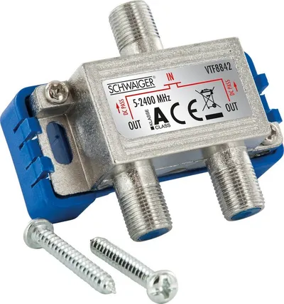 Schwaiger SAT-Verteiler 719482 (verteilt ein Single auf zwei Teilnehmer), für Kabel-, Antennen- und Satellitenanlagen