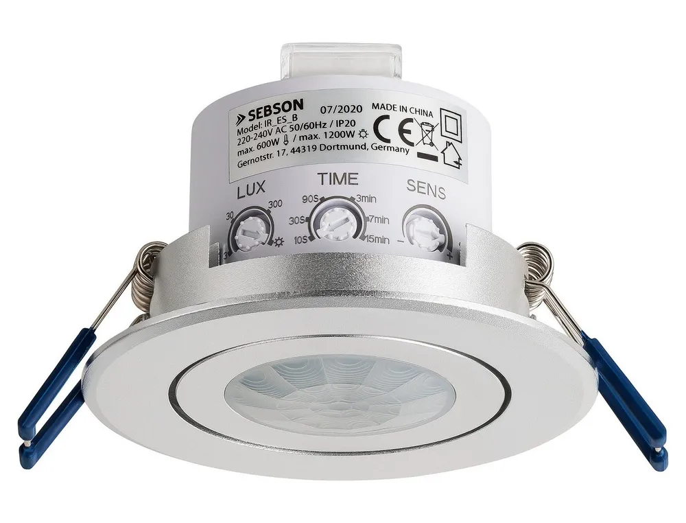 SEBSON Bewegungsmelder Infrarot Sensor Unterputz Decke - programmierbar Reichweite 8m 360°, (1-St), Einbauloch Ø65-75mm, LED geeignet 600W, IP20, 230V, 3 Draht
