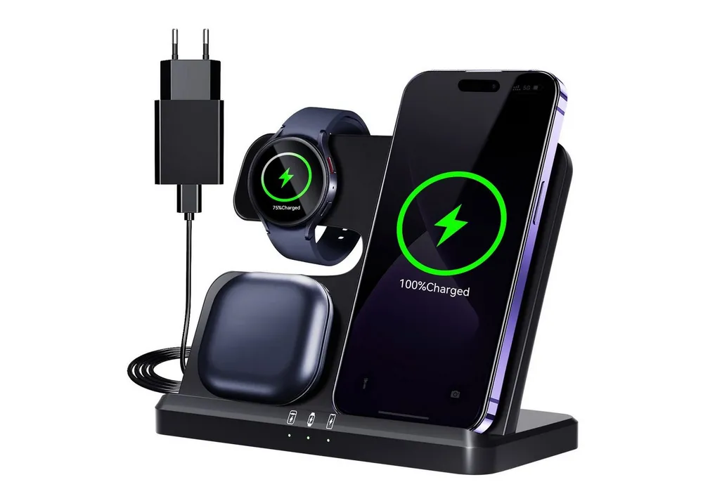 Senmudi Induktive Ladestation 3 in 1,15W Induktive Ladestation Ladeschale (Schnelles Kabelloses Ladegerät Handy Ständer handyhalterung, Für Samsung Galaxy/Galaxy Watch/Xiaomi/Note/Galaxy Buds/AirPods,iPhone - Ultra Handy-Ladestation,für alle Qi-fähigen Geräte)