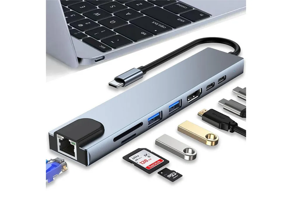 Senmudi USB-Verteiler 8-IN-1 USB C Hub, Typ-C Multiport Adapter mit Ethernet, USB Hub 3.0 (SD/TF-Player,D 100W,4K HDMI,100gbps,5 Gbps Übertragungsgeschwindigkeit, Multiport Typ C für MacBook Air Pro, iPad, iPhone 15 16, Windows PC), für MacBook, iPad, Chromebook, Huawe1, Dell XPS, HP, Samsung