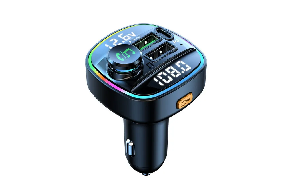 Senmudi Zigarettenanzünder-Verteiler Bluetooth 5.0 FM Transmitter für Auto Ladegerät USB KFZ-Transmitter (Leistungsstarke Doppel-Mikrofone mit Rauschunterdrückung & Bass-Boost, Musik-Player, USB-Stick, Einhandbedienung,auto-bluetooth), Kompatibel mit iPad/iPhone/MP3/4/PSP/Camera, aufladbar
