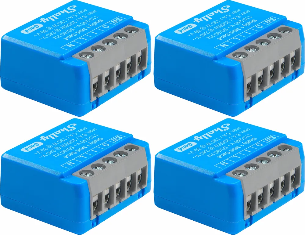 SHELLY Relais 1 Mini Gen4, 8 A, WLAN, Bluetooth, blau, 4 Stück