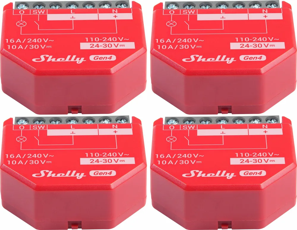 SHELLY Relais 1PM Gen4, 16 A, WLAN, Bluetooth, rot, 4 Stück