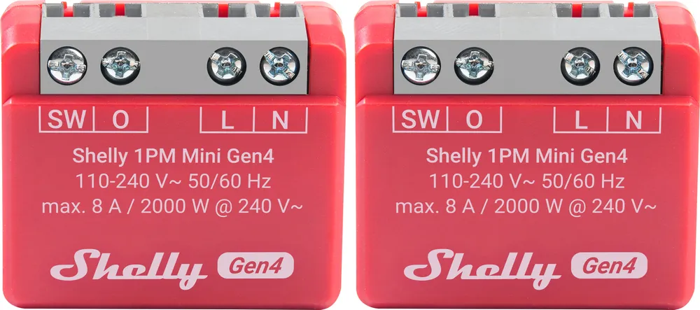SHELLY Relais 1PM Mini Gen4, 8 A, WLAN, Bluetooth, rot, 2 Stück