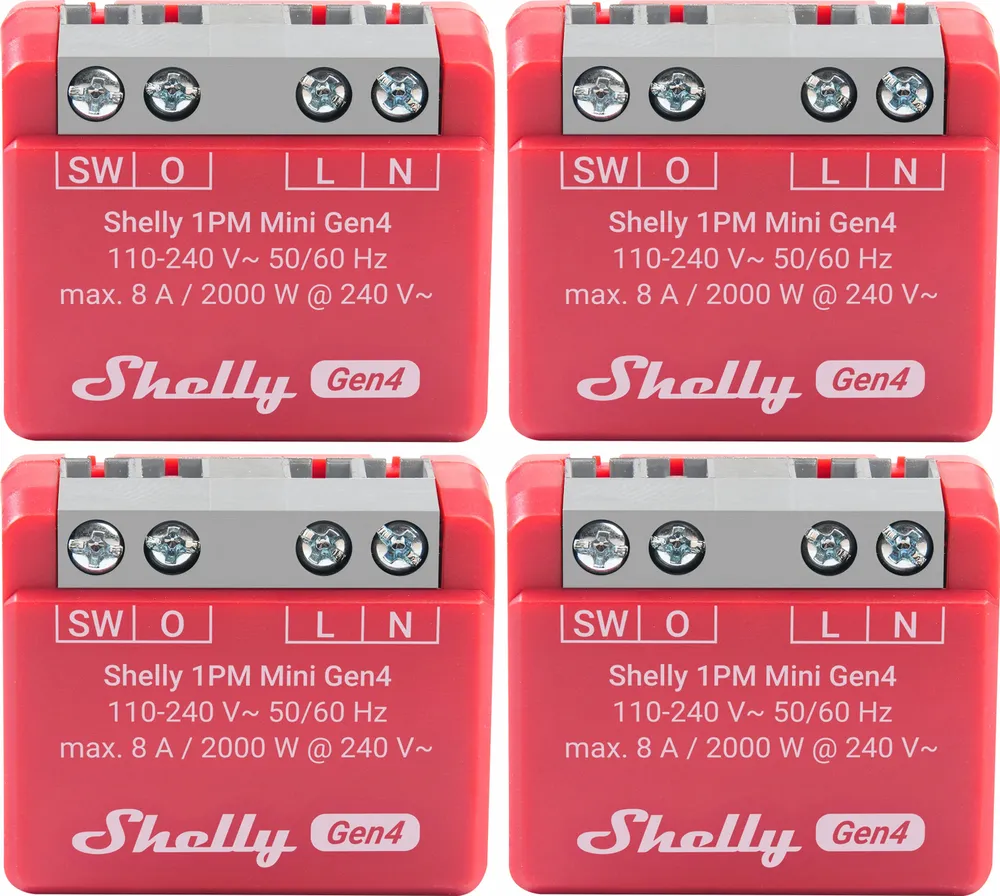 SHELLY Relais 1PM Mini Gen4, 8 A, WLAN, Bluetooth, rot, 4 Stück