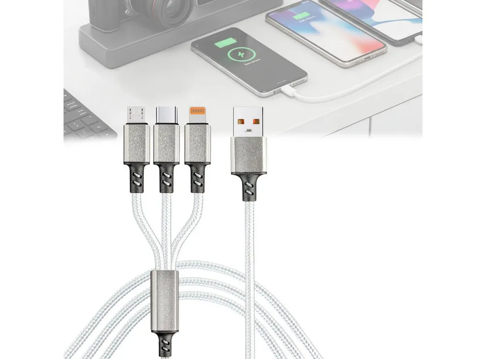 shop'n smile ideoon 3in1 Universal USB-Schnellladekabel, 25W Micro-USB, USB-C & Lightning USB-Ladegerät (1-tlg., 1er-Set & 2er-Set & 3er-Set, 3in1 Ladekabel 120cm / 25W Schnellladefunktion & Textilummantelung)