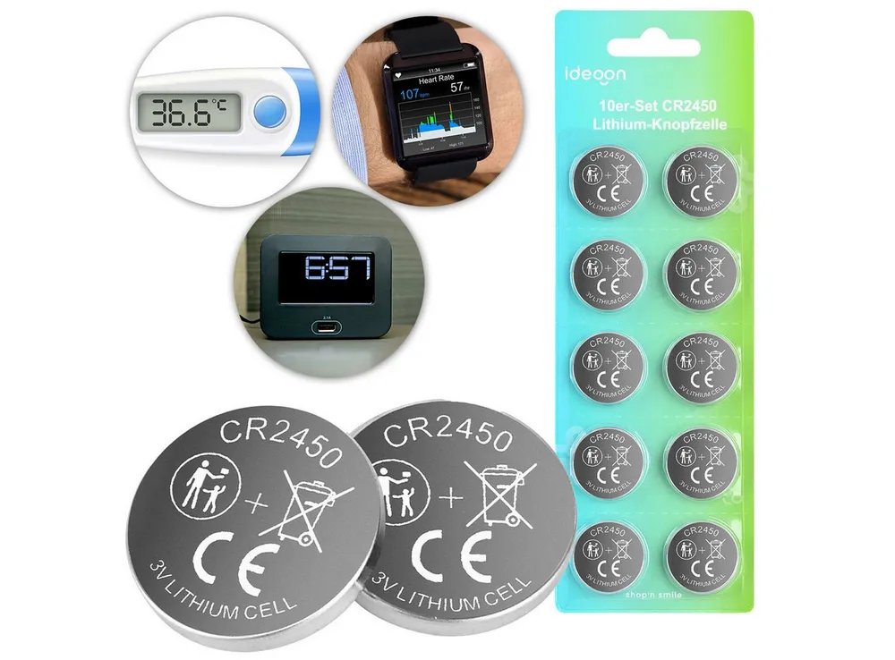 shop'n smile ideoon CR2450 Lithium Knopfzellen 3V Batterien, 620 mAh hohe Kapazität Knopfzelle, (10 St), langlebige 3 Volt Batterie
