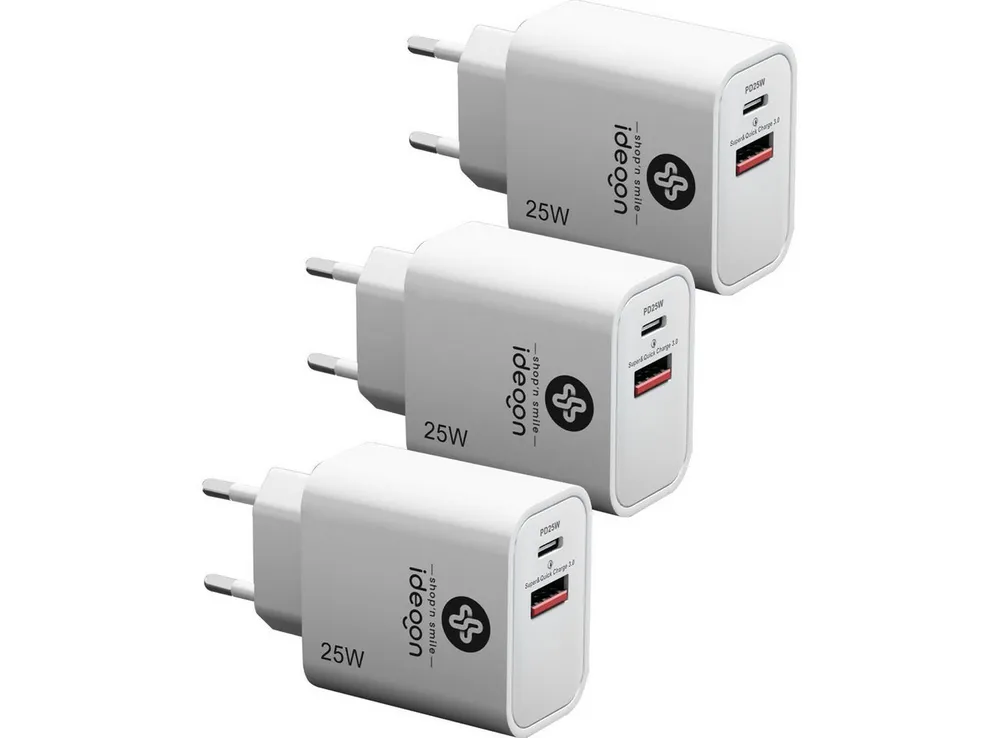 shop'n smile ideoon Dual 25Watt 1x USB-C und USB-A, PD- & QC-Netzteil USB-Ladegerät (3-tlg., Quick Charge für schnelles Laden)