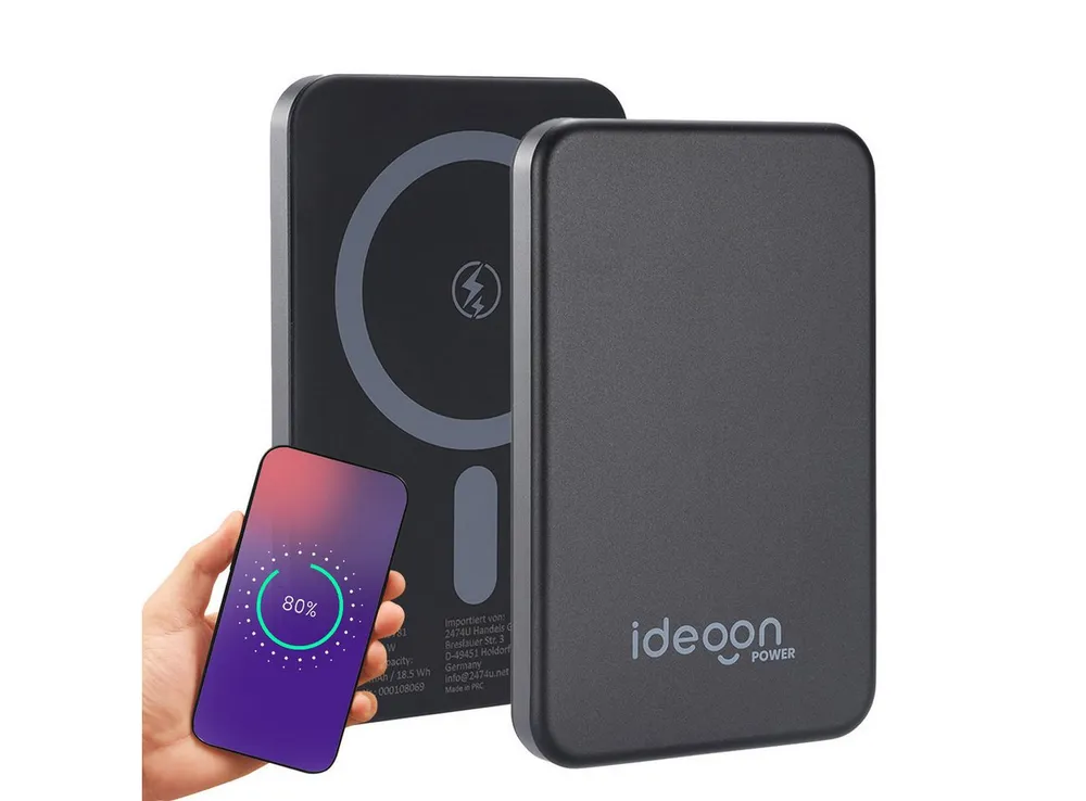 shop'n smile ideoon MagSafe Powerbank 5000 mAh, - Hochwertige kompakte Wireless Powerbank Smartphone-Ladegerät (Schnelles Laden Quick Charge für iPhone & Android)