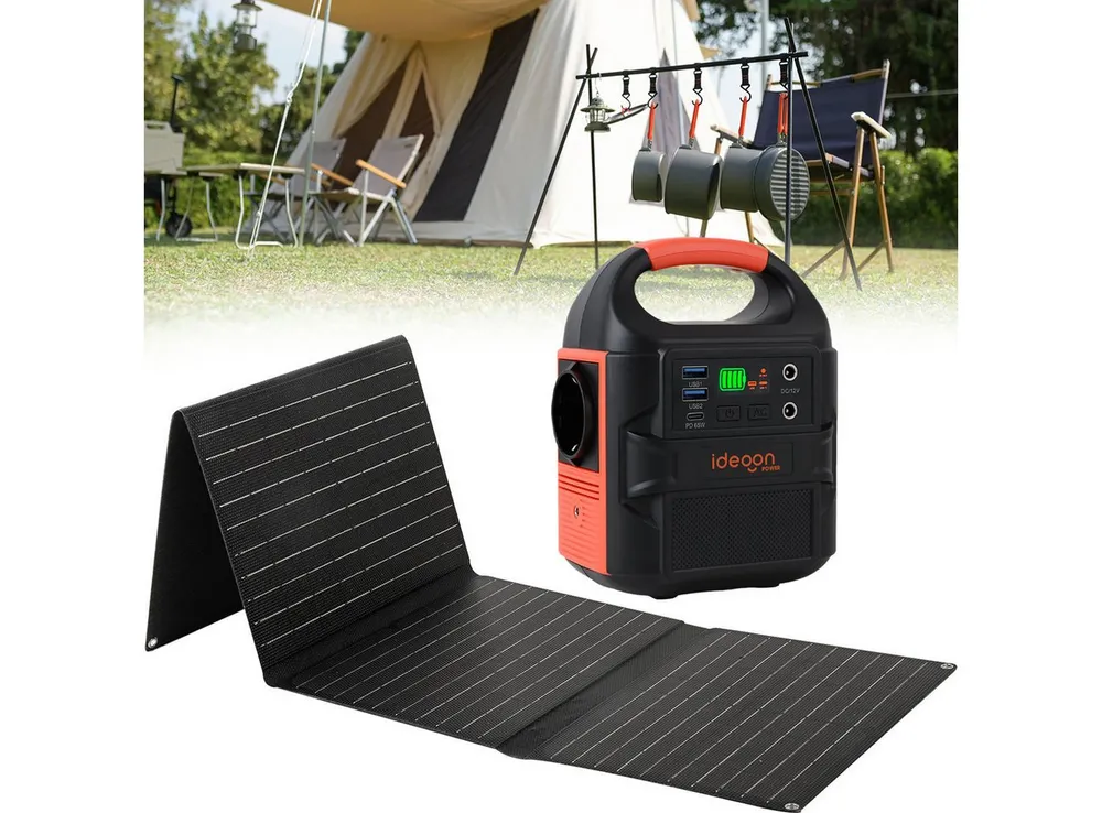 shop'n smile ideoon Mobiles Powerstation Set 88,8Wh mit faltbarem 40W Solarpanel & 230V Powerstation (Solar Input: 15 - 24 V, max. 1,2 A, 28,8 W V), 40W Solarpanel IP65, 230V, PD 65W & LED-Leuchte