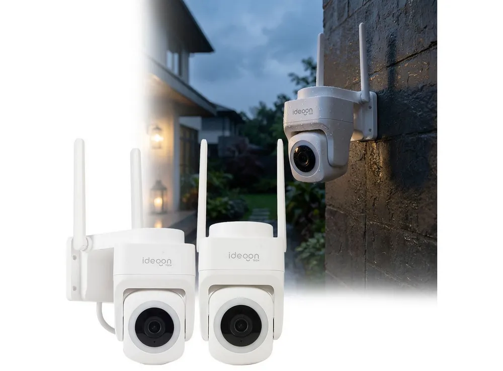 shop'n smile ideoon Überwachungskamera 2K WLAN Outdoor Überwachungskamera IP65 355° Schwenkung Nachtsicht App (2-tlg., Mikrofon & Lautsprecher (Intercom-Funktion) · Alarmsirene bis 85 dB)