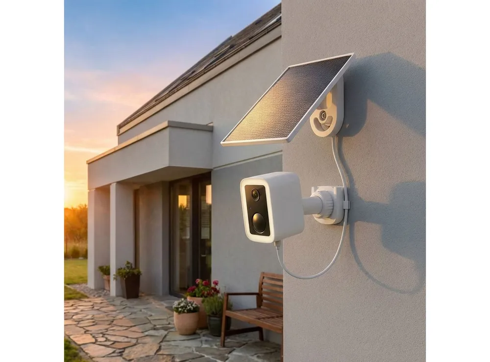 shop'n smile ideoon Überwachungskamera WLAN Solar Überwachungskamera 3MP IP66 App PIR Funkkamera Weiß (Außen, mit Solarpanel Intercom-Funktion Blickwinkel 110° Dämmerungs-Sensor)