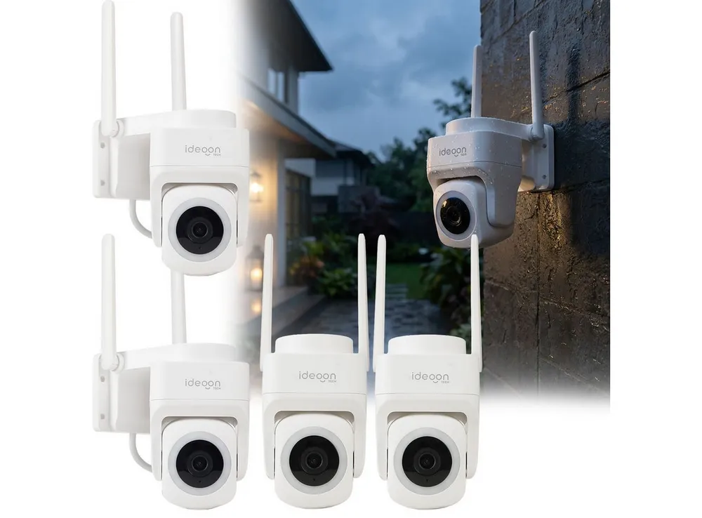 shop'n smile ideoon Überwachungskamera 2K WLAN Outdoor Überwachungskamera IP65 355° Schwenkung Nachtsicht App (4-tlg., Mikrofon & Lautsprecher (Intercom-Funktion) · Alarmsirene bis 85 dB)