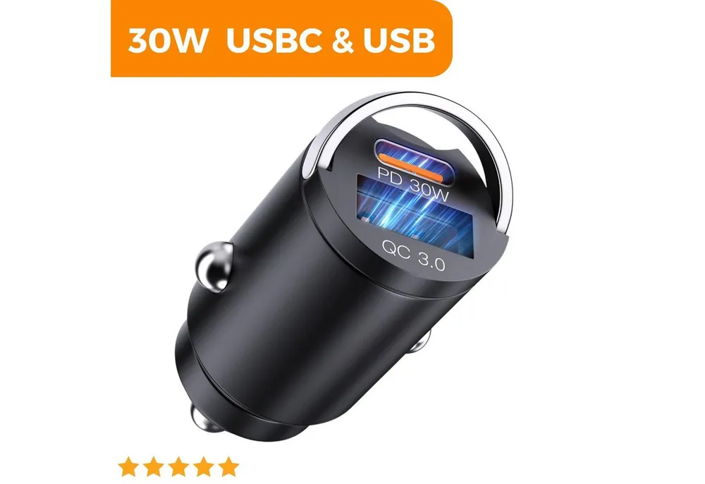 Shopbrothers Auto Schnellladegerät 30W KFZ Zigarettenanzünder KFZ-Adapter USB-C Smartphone-Ladegerät (1-tlg., 2 Port Ladegerät für das Auto)