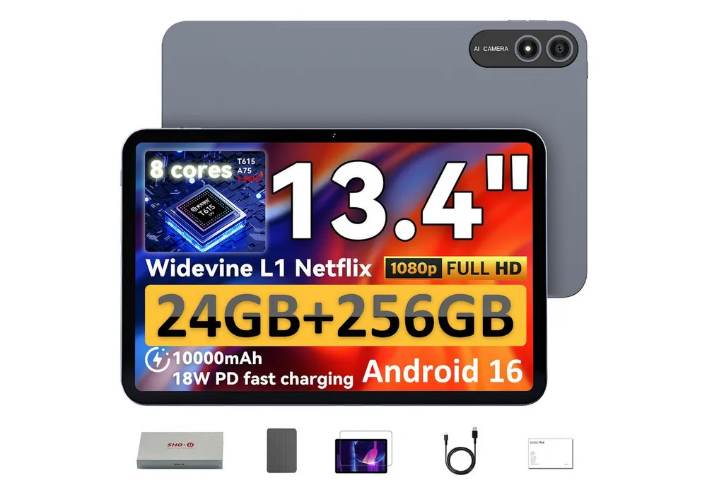 SHOU 13,4",Android 16, 10000 mAh,256 GB mit Tablet-Hülle/Displayschutzfolie Tablet (13.4", 256 GB, Android 16, WiFi, 10000 mAh, Gemini AI, inklusive Tablet-Hülle und Displayschutzfolie)