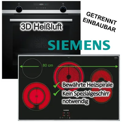 SIEMENS Backofen-Set Backofen 3DHeißluft Hydrolyse +Elektrokochfeld 80cm Bräterzone, Hydrolyse